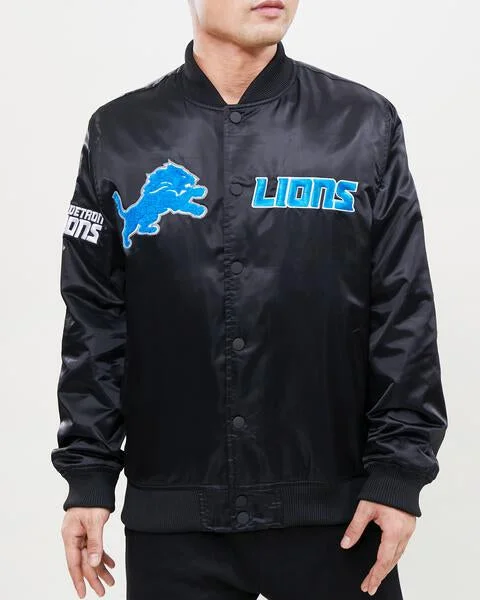 NFL DETROIT LIONS CHEST HIT MEN'SLOGO SATIN JACKET (BLACK)