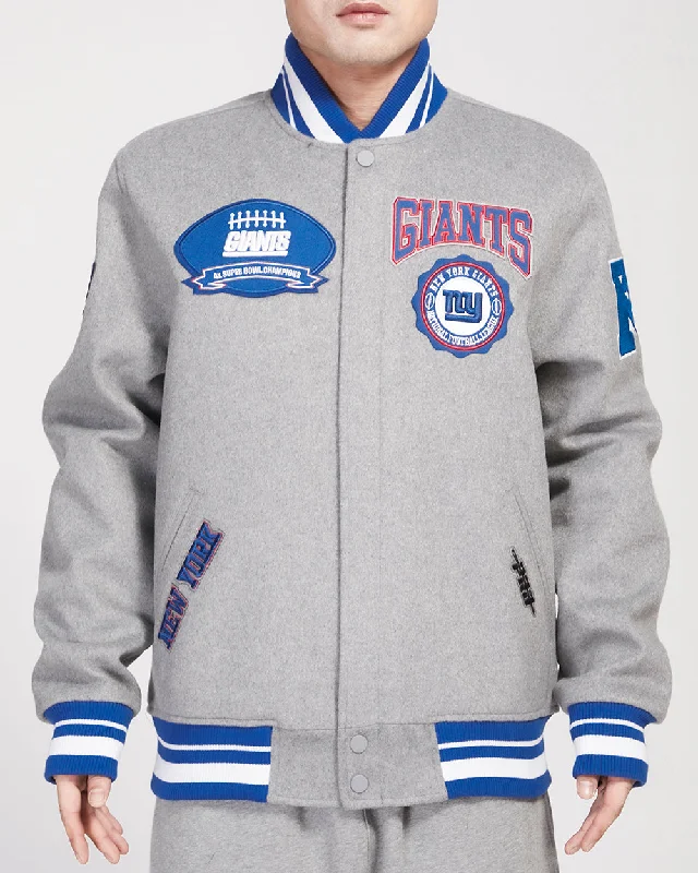 NFL NEW YORK GIANTS CREST EMBLEM MEN'S WOOL VARSITY JACKET (HEATHER GREY/DODGER BLUE)