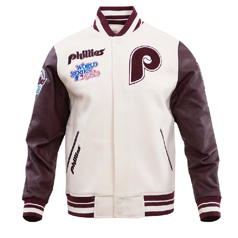 MLB PHILADELPHIA PHILLIES RETRO CLASSIC MEN'S RIB WOOL VARSITY JACKET (EGGSHELL/WINE)