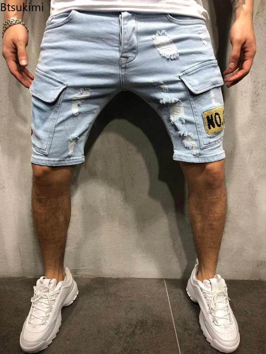 High Stretch Fashion Casual Denim Shorts Male Slim Fit Elastic Badge Pockets Hole