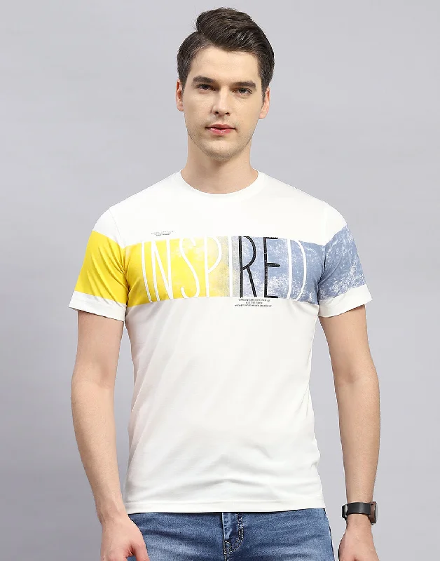 Men Off White Printed Round Neck Half Sleeve T-Shirt