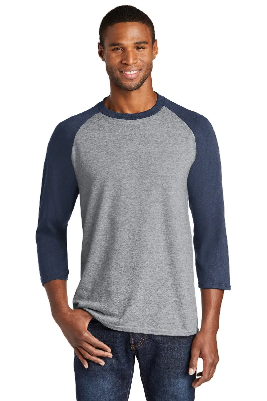 Port & Company Mens Core Moisture Wicking 3/4 Sleeve Crewneck T-Shirt - Heather Grey/Navy Blue