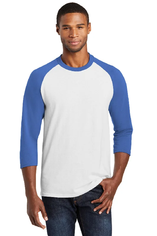 Port & Company Mens Core Moisture Wicking 3/4 Sleeve Crewneck T-Shirt - White/Royal Blue