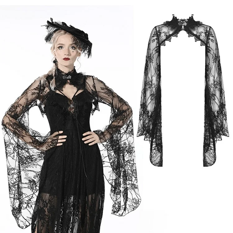 Women's Gothic Flare Sleeved Lace Black Cape