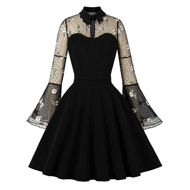 Women's Gothic Floral Embroidered Flared Sleeved Formal Dress