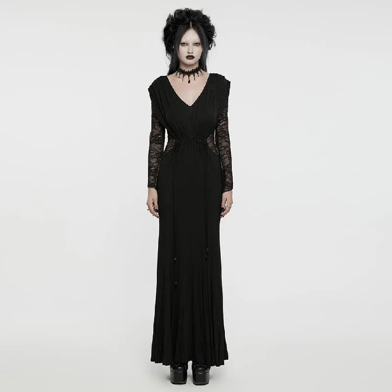 Women's Gothic Plunging Lace-Splice Drawstring Honeymoon Dress