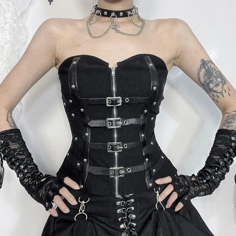 Women's Punk Faux Leather Strap Splice Buckle Bustier